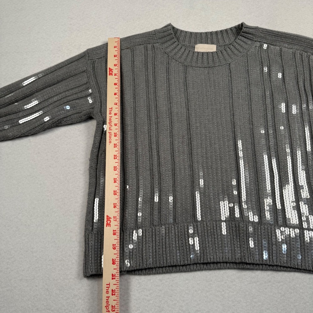 J Crew Collection Sweater Womens Small Gray Sequin Ribbed Knit Cotton AF017 - Picture 4 of 7